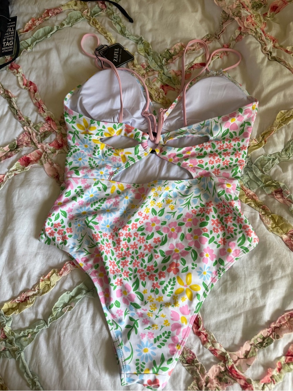 Zaful Pink Floral One-Piece Swimsuit with Double Straps - Picture 9 of 12